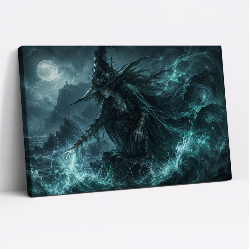 «Fantasy Witch Touching Glowing Water Under Full Halloween», art mural sur toile, 20"H x 30"W
