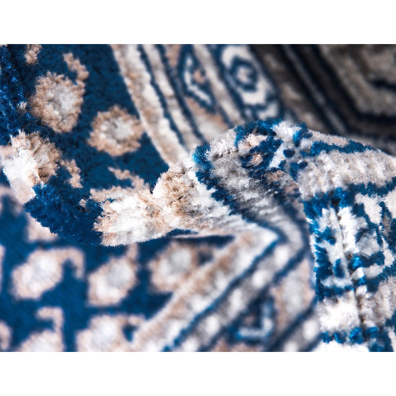 Blue and Gray Rectangular Stain-Resistant Synthetic Area Rug
