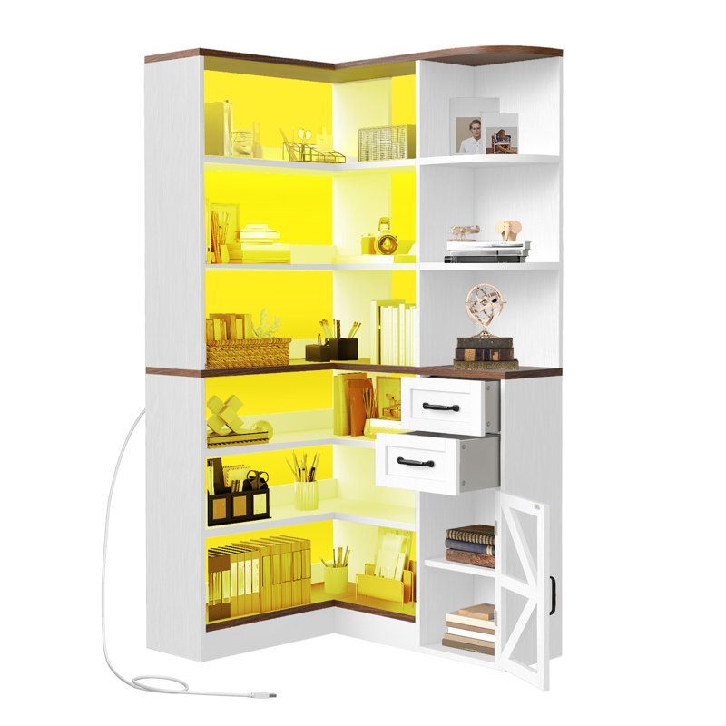  L-Shaped Corner Bookshelf With LED Lights & Drawers