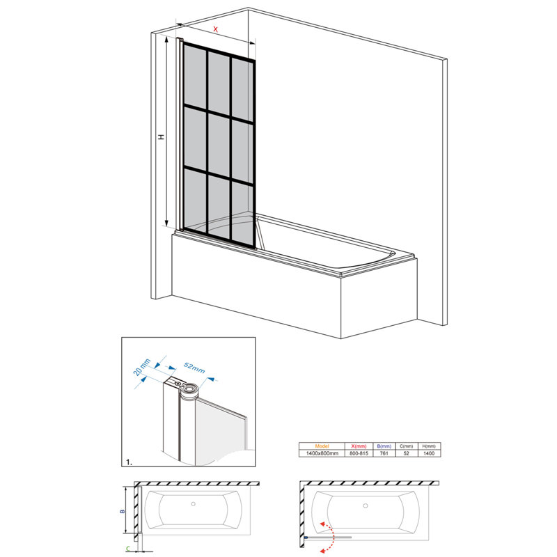 Millau 815mm W x 1400mm H Pivot Semi-Frameless Tub Door with Pattern Glass