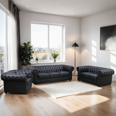 3-Piece Button Tufted Premium Cow Top Genuine Leather Luxury Classic Chesterfield Living Room Sofa Set by Red Barrel Studio