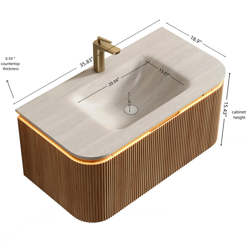 Meuble-lavabo et lavabo 36 po, armoire flottante avec motif 3D rayé naturel, bassin en pierre frittée à motif, capteur à DEL, glissières de tiroir à fermeture en douceur, installation facile, système, tiroir pré-assemblé, grand