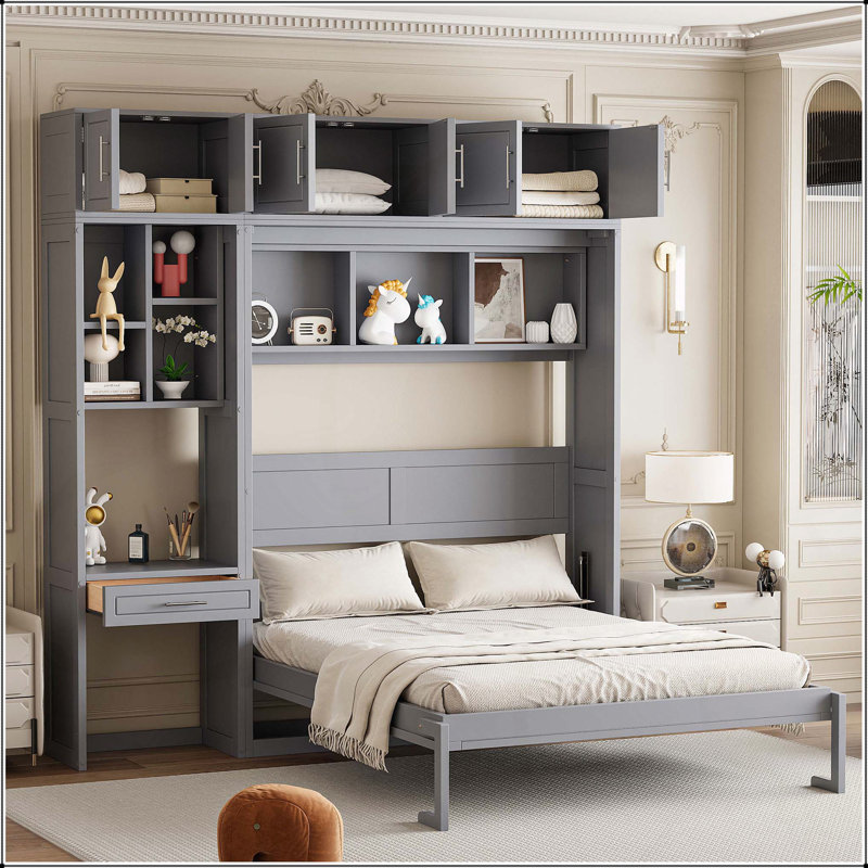 Wall Murphy Bed with Desk, Gray, Queen