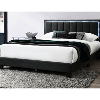 Lit pour grand lit moderne, laine anthracite, lit double rembourré, chambre à coucher, lit à tête de lit à DEL avec revêtement en laine, capitonnage rainuré, pour chambre à coucher