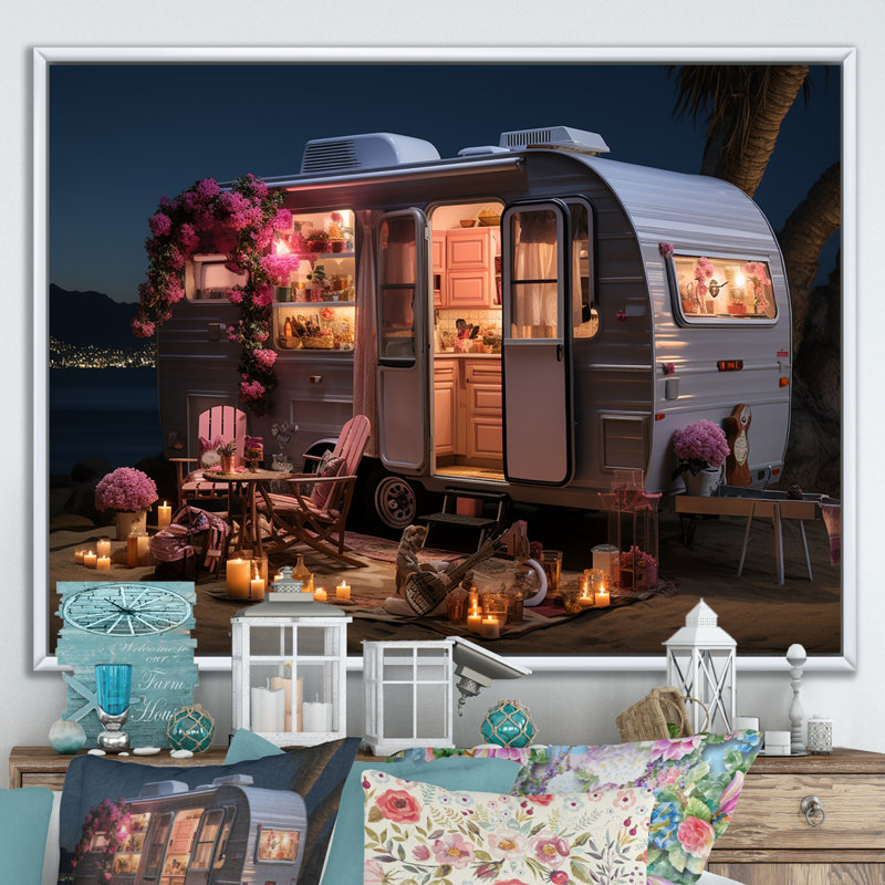 Pink Camping Van Desert Getaway II - Camping Travel Wall Art, 12" H x 20" W x 1" D, White Floater Framed