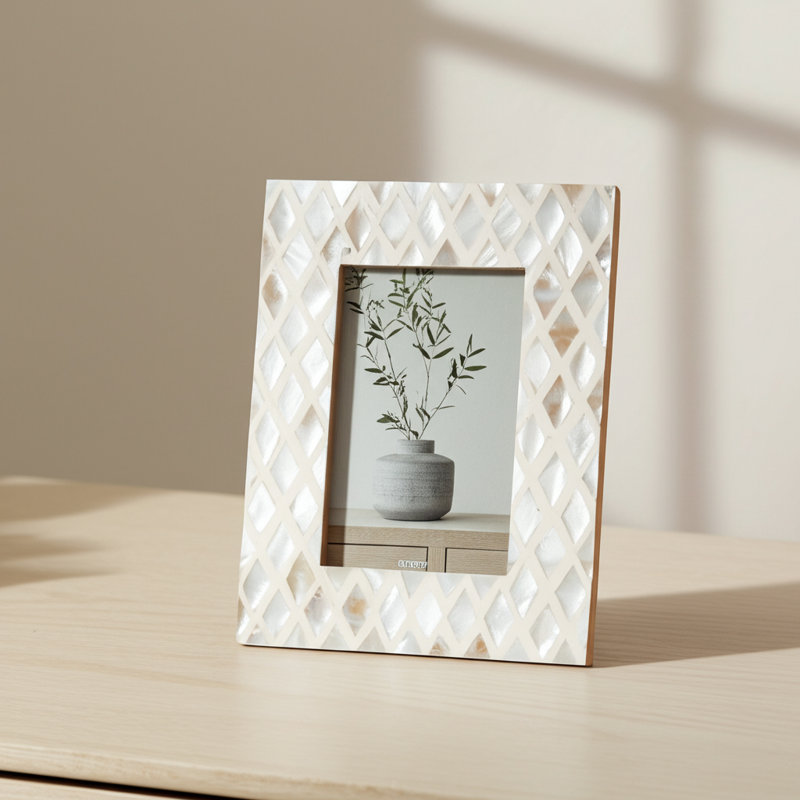 Shell Wood Glass Capiz Frame with Intricate Inlay Detailing and Durable Back Stand for Display - Handcrafted Decorative Frame Featuring Quality Materials and Textured Natural Shell Accent
