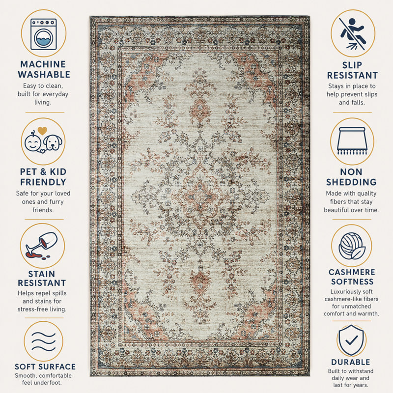 Rectangle Vintage Look Shaggy Indoor / Outdoor Washable Area Rug, Rectangle 80 x 150 cm