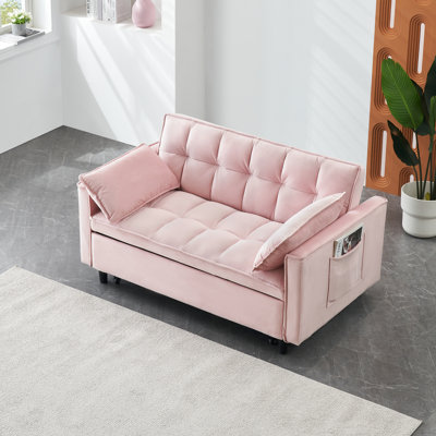 Lit en velours rose à 2 places avec dossier incurvé et poches pour un espace de vie confortable Pieds en éponge confortables en métal 3 en 1