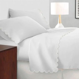 Allena 400TC Cotton Scallop Embroidery Sateen Cotton 4 Piece Sheet Set Fitted Sheet Fits Upto 16" Deep Pocket