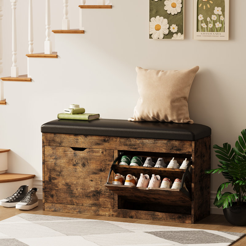 8 Pair Shoe Storage Bench With Lift Top, 2 Flip Drawers & Padded Seat Cushion - Entryway, Hallway, Living Room Shoe Organizer Cabinet Serkis