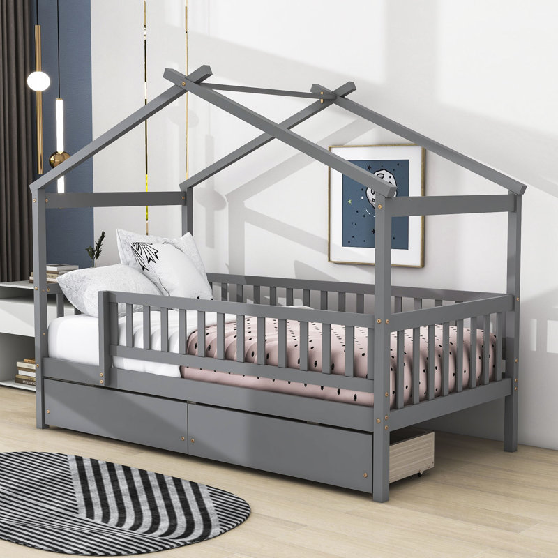 Lit en bois en forme de maison, gris, Simple