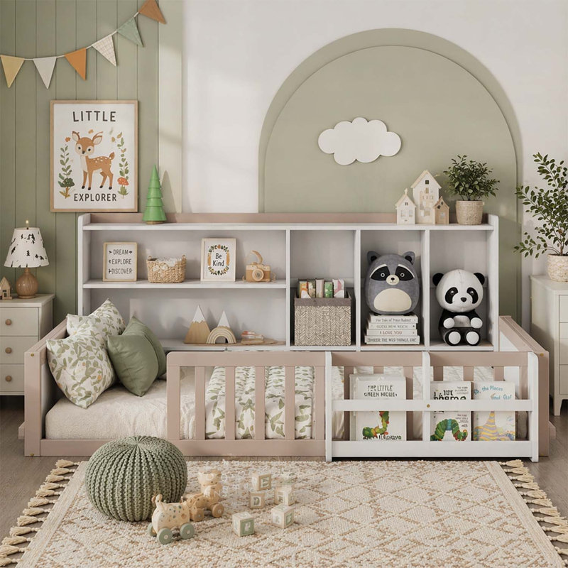 Lit plateforme en bois avec garde-corps, tablettes de rangement latérales et bibliothèque, Twin Size, Cream,White