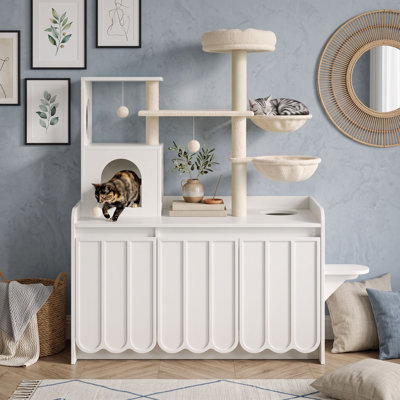 Arbre à chat avec armoire, poteaux à griffer en sisal, hamacs doubles, condo fermé, jouets suspendus et perchoir supérieur