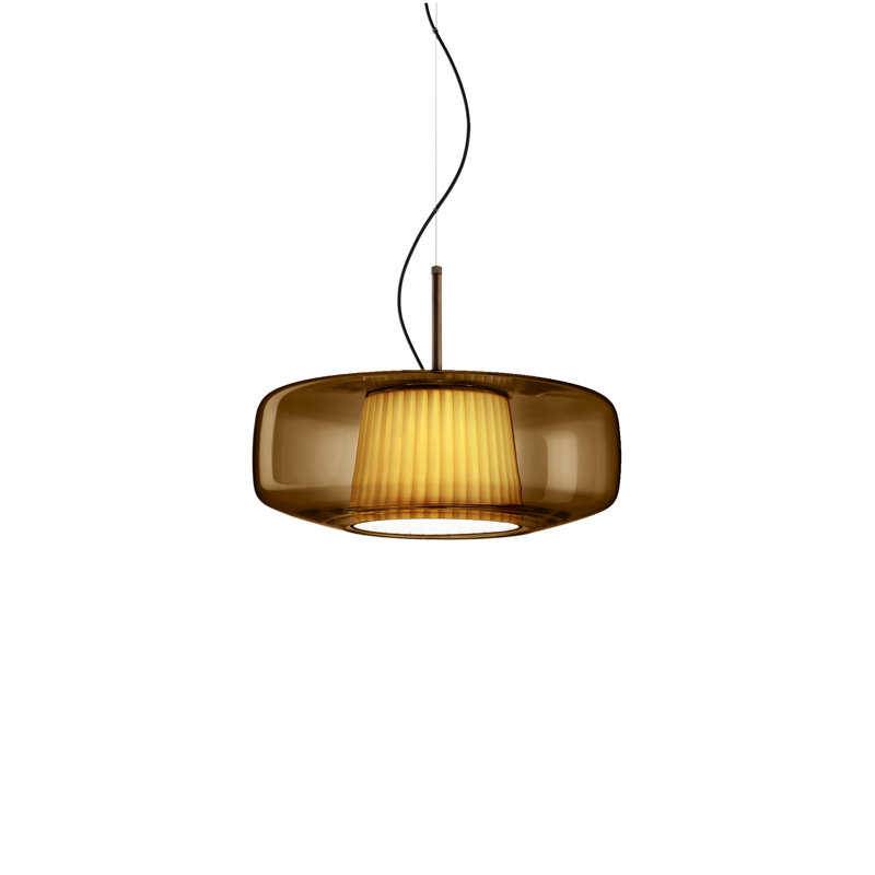 Plisse' Suspension G Smoky Pongee Silk_Plisse' Matt Steel L22cc Ul, Burned Earth Pongee Silk, Matte Bronze, 2700 Kelvins