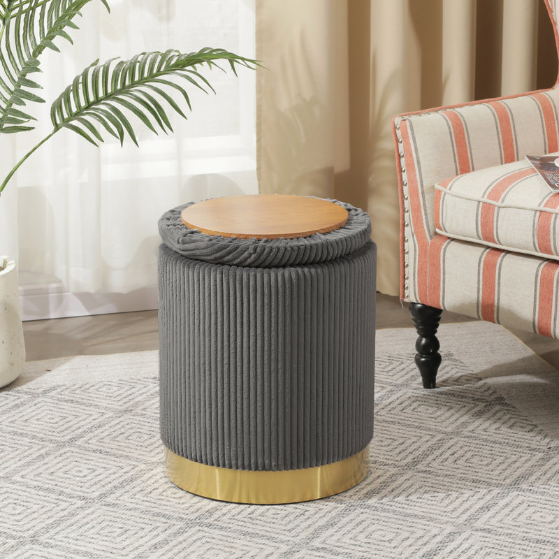 14” Wide-Stripe Velvet Round Storage Ottoman With Tray Top, Gray