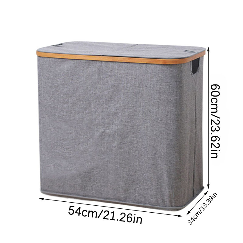 Double panier à linge avec couvercle, corbeille à linge en tissu à 2 compartiments avec structure en bambou, grand rangement pliant pour la salle de bain