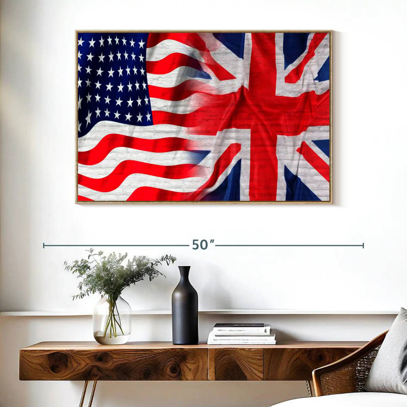 Drapeau américain et britannique, Cadre flottant en bois naturel, 40 po x 27 po