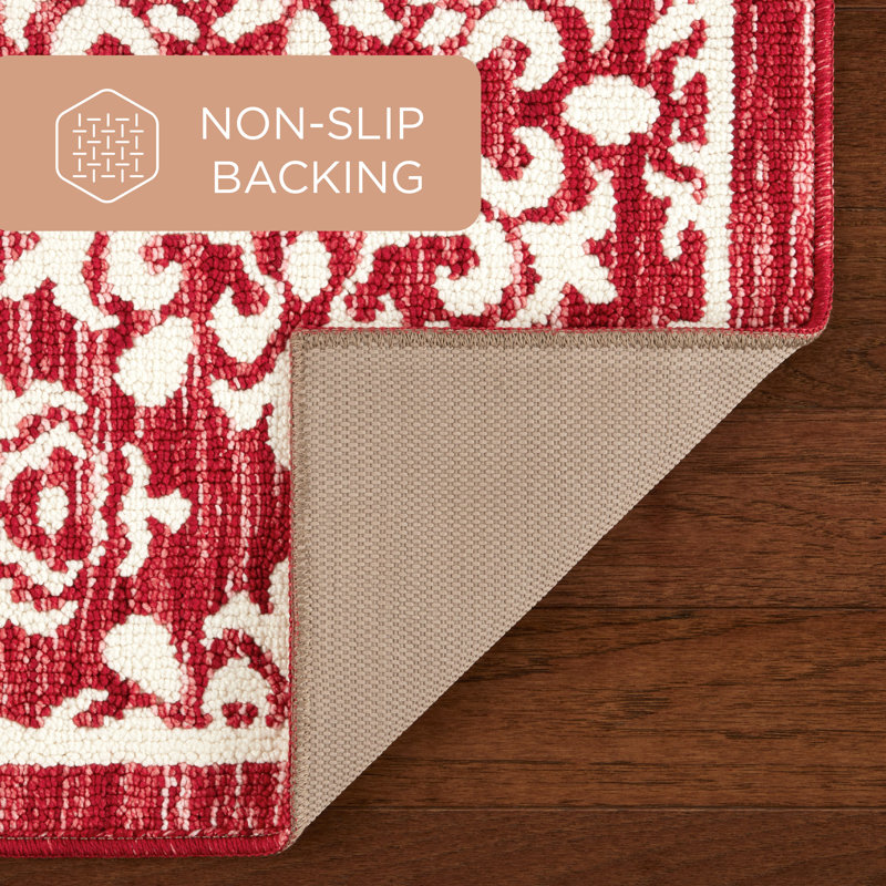 Red and White Tufted Medallion Washable Runner Rug 24" x 72"