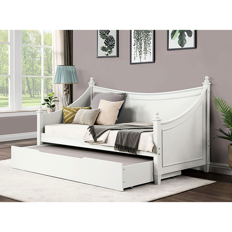 Lit de jour simple blanc de style transitionnel, conception à moulures, affiche avec faîteaux, bois massif et bois d'ingénierie, installation de matelas pour les petits espaces avec option