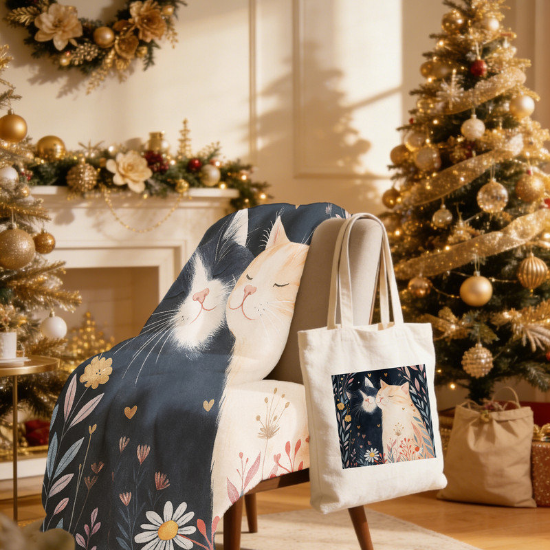 Ensemble de cadeau de Noël 2 pièces douillet pour chat et fleurs de Noël: couverture en flanelle de 60 x 80 pouces + fourre-tout en toile 15,75 x 13,78 pouces - ensemble de décoration festive