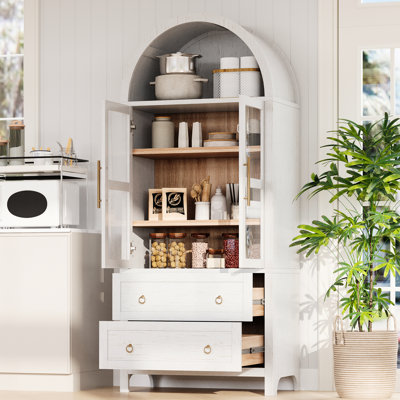 71-Inch Tall Pantry With Arched Design, Adjustable Shelves, And 2 Large Drawers For Organized Storage In Kitchen Living Areas 71"H Cabinet Drawers, Metal Round Pull Rings Functional Stylish Your Home