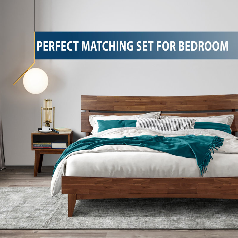2-Pcs Bedroom Set – Solid Wood King Platform Bed Frame & Matching Nightstand, Mid-Century Modern, Walnut Finish, 800 lbs Capacity, No Box Spring Needed