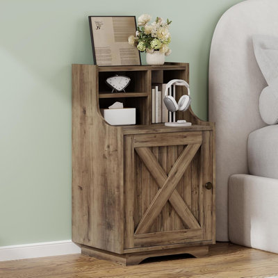 Farmhouse Nightstand, Night Stand with Hutch and Storage, Tall Bedside Table End Table for Bedroom Living Room Sofa Office