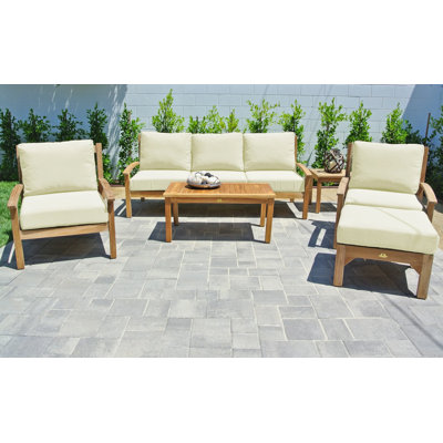 Huntington 6 Piece Teak Sofa Seating Group with Sunbrella Cushions -  Willow Creek Designs, HUN-DS6-2CLB1RT1LT1AMLES1OTTO1STDCOFE1END-5404