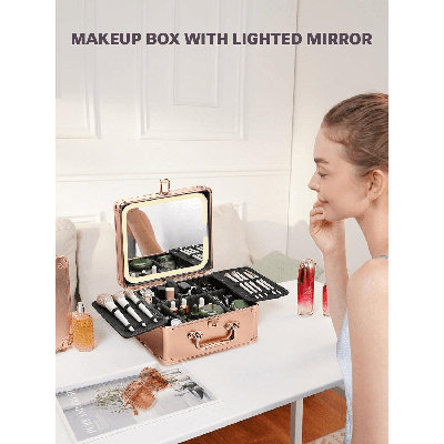 Makeup Box Travel Case With Detachable Lighted Mirror Cosmetic Train Case Organizer