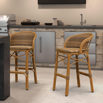 PURPLE LEAF Outdoor French Country Style  PE Rattan Bar Stools with Ergonomic Armrests