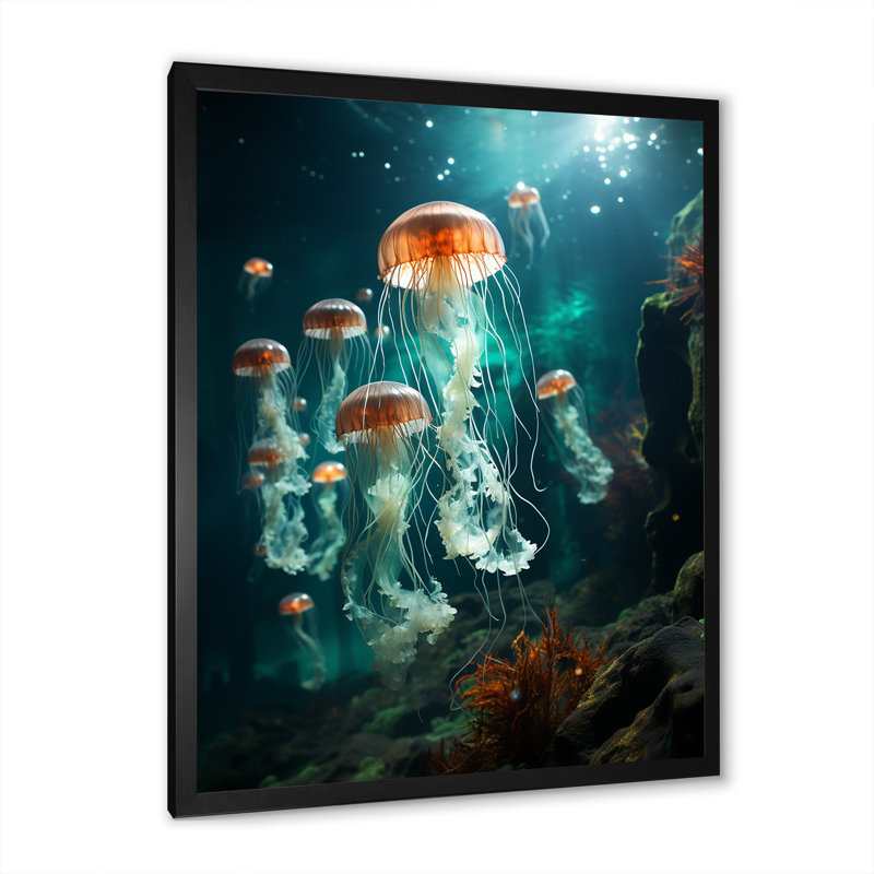 «Green Jellyfish Family» sur toile, H 44 po x l 34 po x P 1,5 po, Cadre photo noir