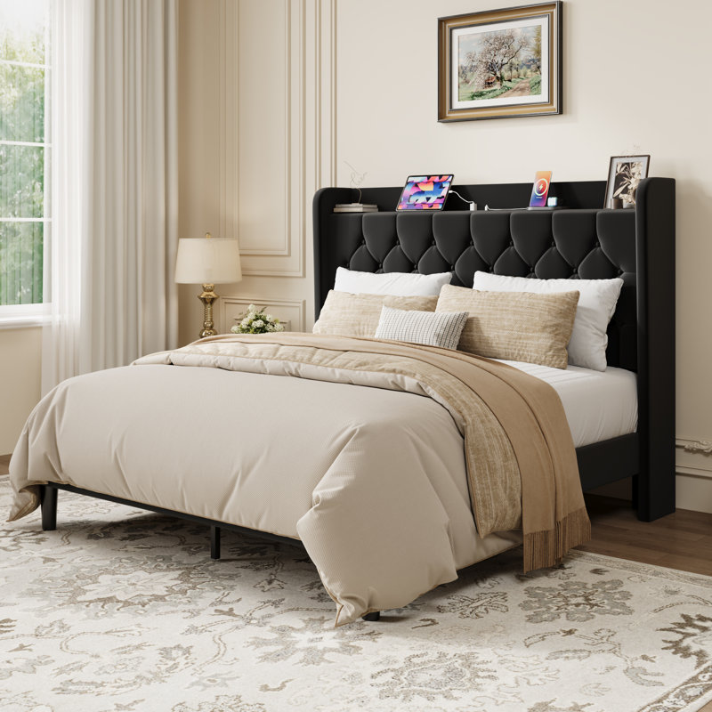 Modern Tufted Upholstered Bed In Velvet Or Linen With Charging Station & Headboard Shelf, High Clearance Under Bed Storage