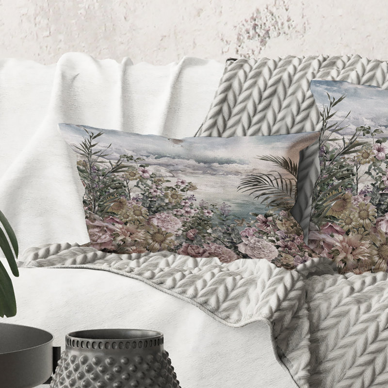 Rectangle, fleurs rétro au bord de la mer - coussin décoratif imprimé rétro