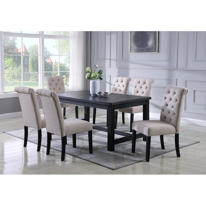 Leviton Urban Style Wood Dark Wash Turned-Leg Dining Set, Beige/Black, 7 Pieces: 1 Table, 6 Chairs