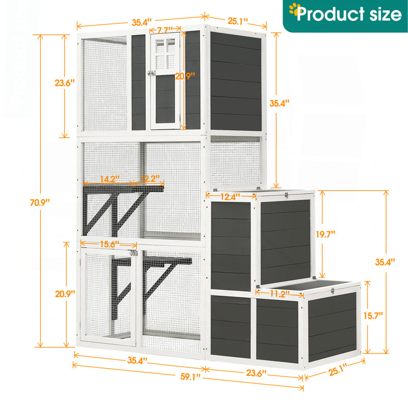 Maison de chat en bois à 3 niveaux pour l'extérieur et l'intérieur convenant à 1 ou 3 chats avec une cage de repos pour chat, 4 plateformes et 2 portes