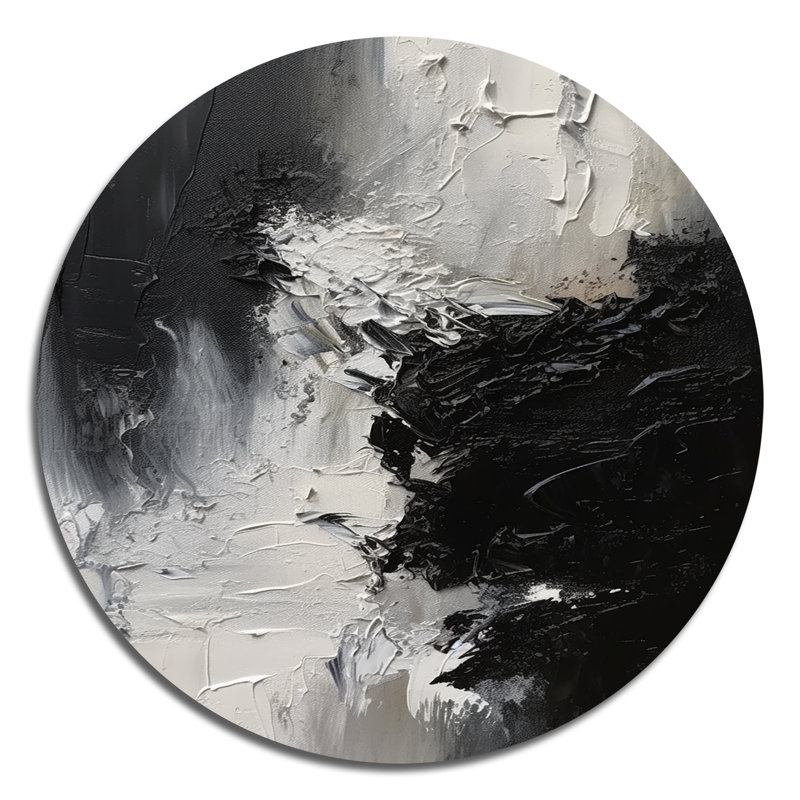 Black And White Delicate Brushstrokes II - Abstract Marble Round Wall Art on Metal, 36" H x 36" W x 1" D