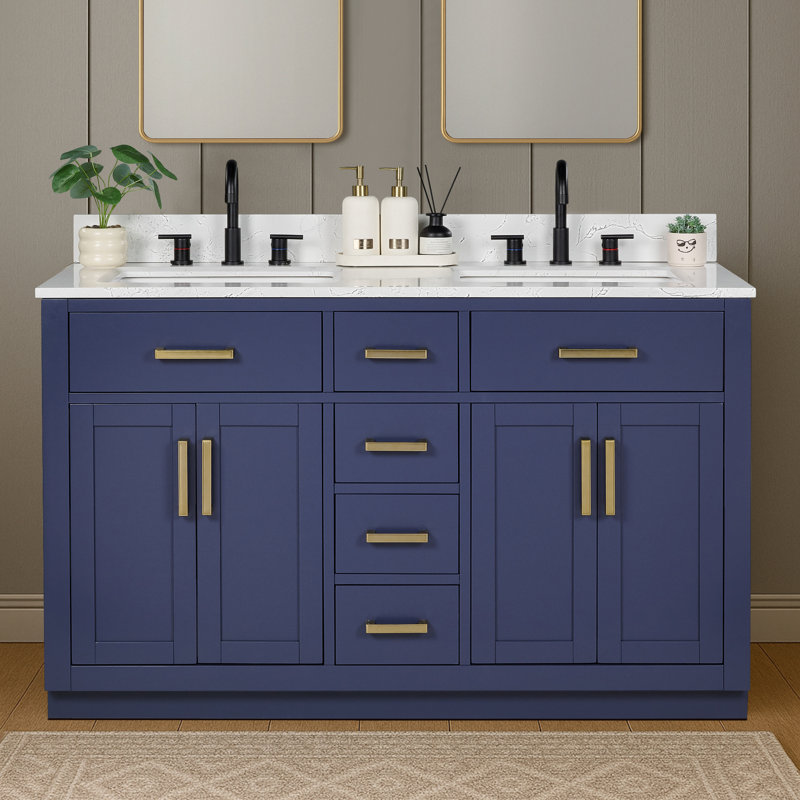 Meuble-lavabo double 54 po avec tiroirs, tablette, prise de courant et plateau en marbre d'ingénierie, Blanc, 54''