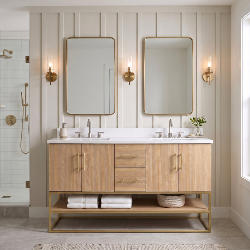 Meuble-lavabo sur pied moderne Lima en chêne clair de marque Tennant, 60 pouces, double lavabo, comptoir en quartz blanc, entièrement assemblé