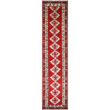 One-of-a-Kind Hand-Knotted 1960s 3'3" x 13'6" Runner Wool Area Rug in Red/Ivory/Navy