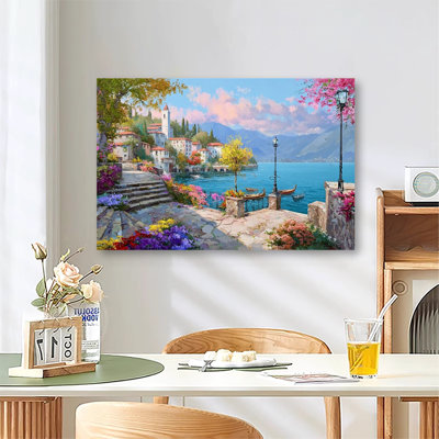«Coastal Garden Pier», vue sur le lac, paysage nautique printanier, grande galerie d'art sur toile tendue pour le salon et la chambre à coucher