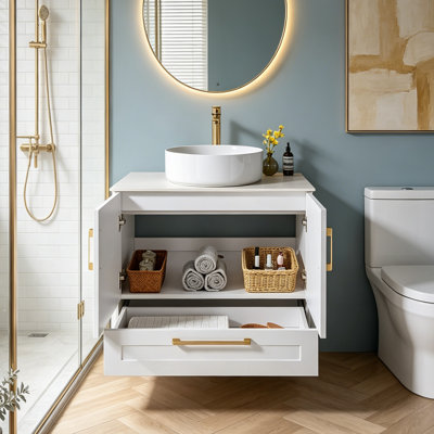  Amini 30" White Modern Freestanding Single Bathroom Vanity Set with Ceramic Vessel Sink & Sintered Stone Top