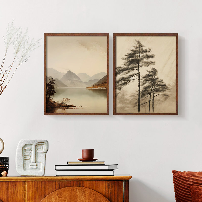 «Vintage Landscape», ensemble de 2 estampes numériques encadrées, Noyer, H 17 po x l 42 po