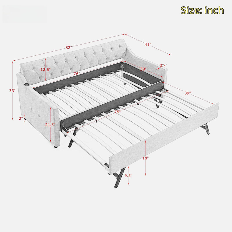 Abbington Upholstery DayBed with  Erectable Trundle and USB Charging Design, Beige