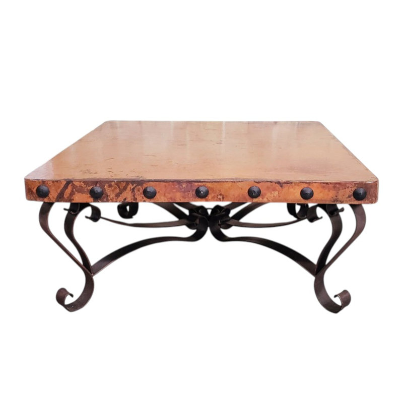 Elegant Hammer Copper Square Coffee Table with Iron Pedestal