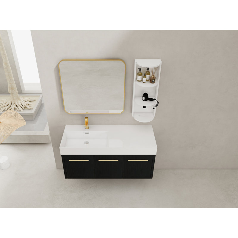 Meuble-lavabo de salle de bain moderne de 48 pouces et support de rangement, lavabo en résine à bords épais, charnières, couleur châtaignier noir, rangement à trois portes,