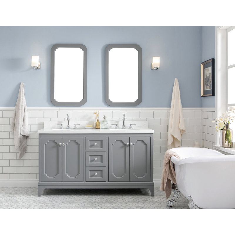 Grand meuble-lavabo de comptoir en marbre d'ingénierie avec robinet et miroir Carrara, Gris cachemire, Crochet