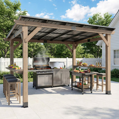 cedar Wood Grill Gazebo with Bar Counter, Patio Hardtop Grill Pergola for BBQ, Cedar Barbeque Shelter with Metal Roof