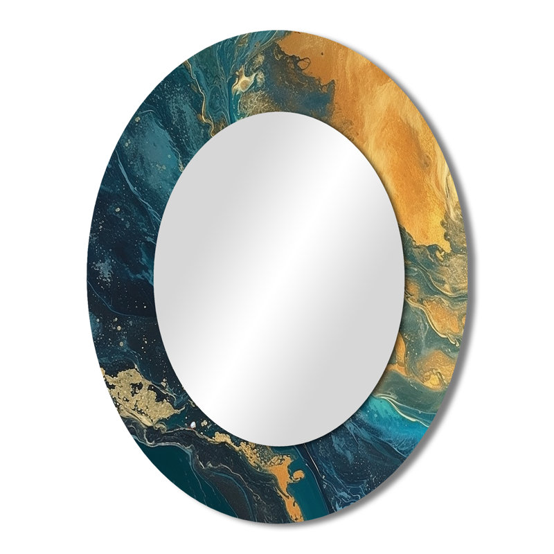 Golden Sunshine In Deep Blue Ocean Abstract III - Modern Oval Wall Mirror, 43" x 33"