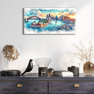  'Sydney Watercolor' by Rey Klimt Acrylic Glass Wall Art, 48" x 24"