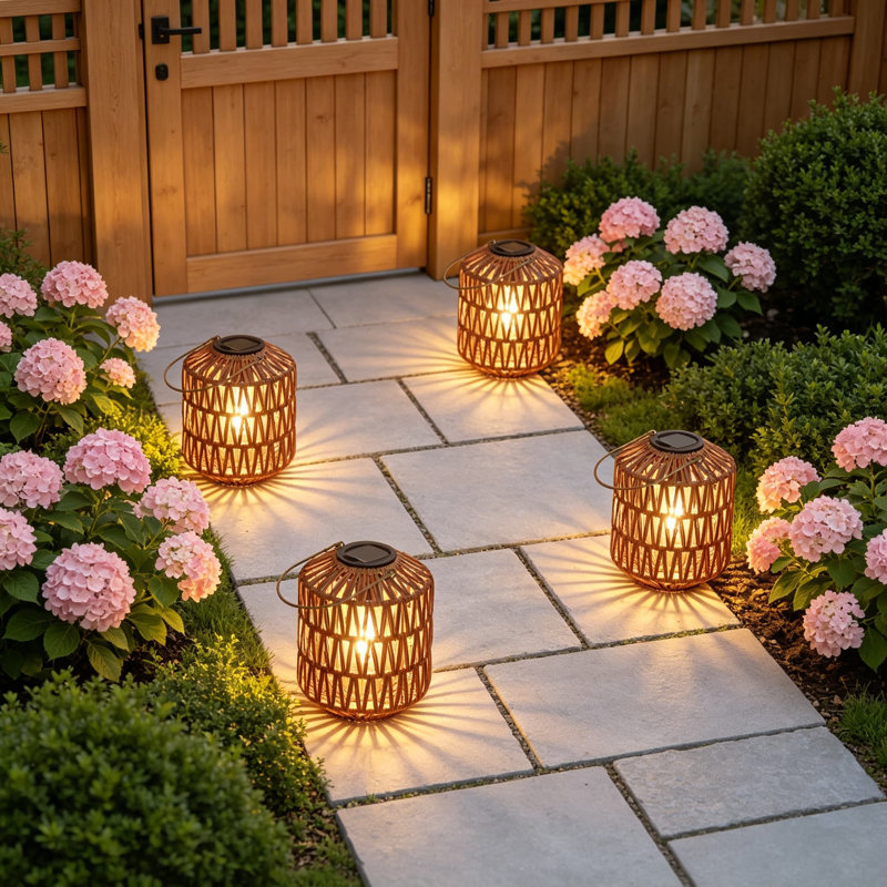 Ensemble de 4 lampes solaires en rotin, lanternes solaires extérieures imperméables avec poignée, lanternes décoratives suspendues pour le jardin, la cour, le patio, l'arbre, le plateau de table, marche / arrêt automatique (ampoules incluses)